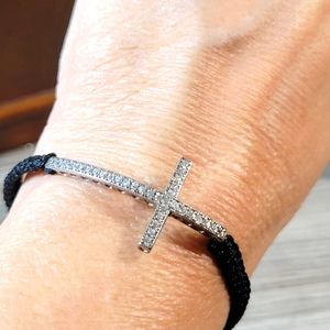 Sterling Silver .925 Sideways Icy Rhinestone Cross Bracelet with Macrame Band